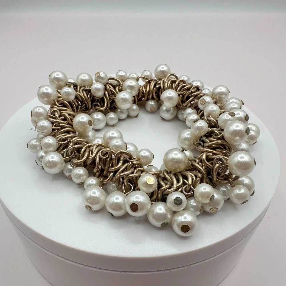 Vintage Gold Tone Faux Pearl Chunky Bracelet - Bridal Gift